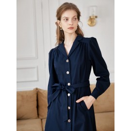 Lapel Collar Button Front Belted Shirt Dress