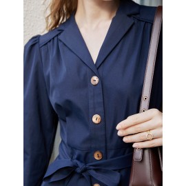 Lapel Collar Button Front Belted Shirt Dress