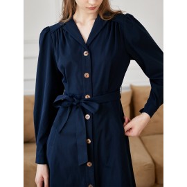 Lapel Collar Button Front Belted Shirt Dress