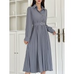 Solid Half Button Pleated Belted Shirt Dress