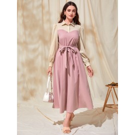 Modely Colorblock Polo Neck Belted Dress