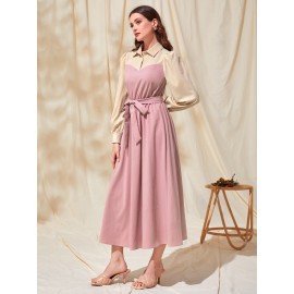 Modely Colorblock Polo Neck Belted Dress