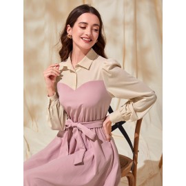 Modely Colorblock Polo Neck Belted Dress