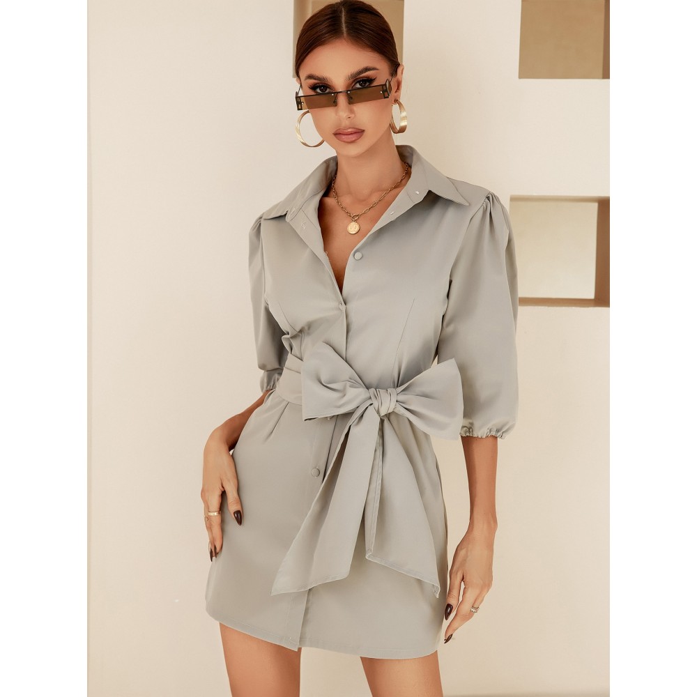 Solid Puff Sleeve Belted Shirt Dress