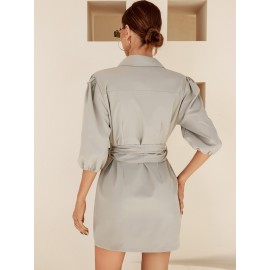 Solid Puff Sleeve Belted Shirt Dress