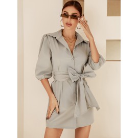 Solid Puff Sleeve Belted Shirt Dress