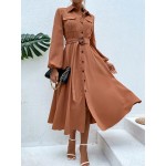 Lantern Sleeve Belted Shirt Dress