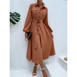 Lantern Sleeve Belted Shirt Dress