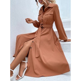 Lantern Sleeve Belted Shirt Dress