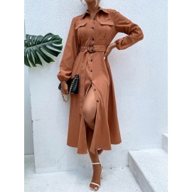 Lantern Sleeve Belted Shirt Dress