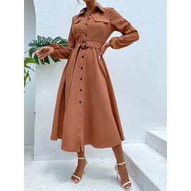 Lantern Sleeve Belted Shirt Dress