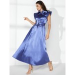 Modely Tie Neck Ruffle Trim Belted Satin Dress