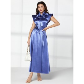 Modely Tie Neck Ruffle Trim Belted Satin Dress