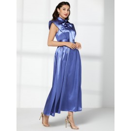 Modely Tie Neck Ruffle Trim Belted Satin Dress