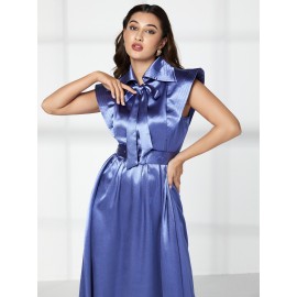 Modely Tie Neck Ruffle Trim Belted Satin Dress