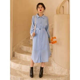 Solid Raglan Sleeve Belted Shirt Dress