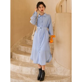 Solid Raglan Sleeve Belted Shirt Dress