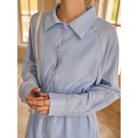 Solid Raglan Sleeve Belted Shirt Dress