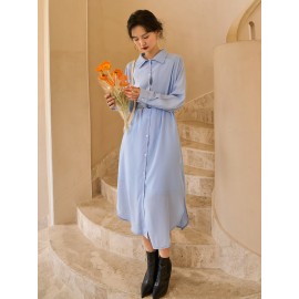 Solid Raglan Sleeve Belted Shirt Dress