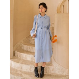 Solid Raglan Sleeve Belted Shirt Dress