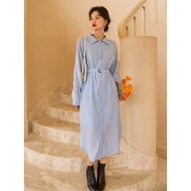 Solid Raglan Sleeve Belted Shirt Dress