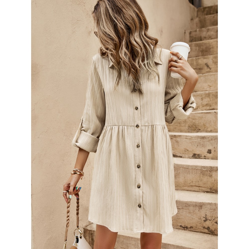 Roll-up Sleeve Button Front Smock Dress