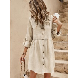 Roll-up Sleeve Button Front Smock Dress