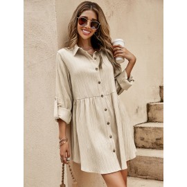 Roll-up Sleeve Button Front Smock Dress