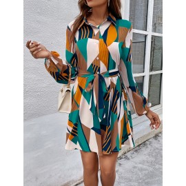 Geo And Striped Print Bishop Sleeve Belted Shirt Dress