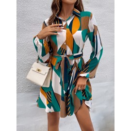 Geo And Striped Print Bishop Sleeve Belted Shirt Dress