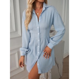 Drop Shoulder Fold Pleated Shirt Dress