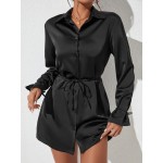 Button Front Belted Satin Shirt Dress