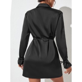 Button Front Belted Satin Shirt Dress