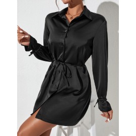 Button Front Belted Satin Shirt Dress