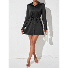 Button Front Belted Satin Shirt Dress