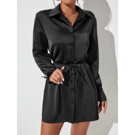 Button Front Belted Satin Shirt Dress