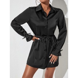 Button Front Belted Satin Shirt Dress