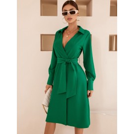 Solid Wrap Belted Shirt Dress