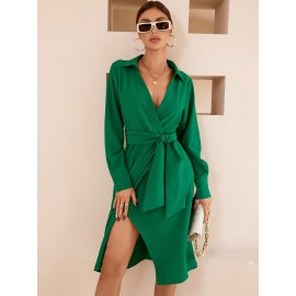 Solid Wrap Belted Shirt Dress