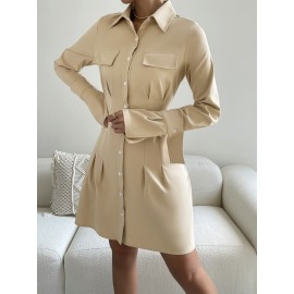 Flap Detail Fold Pleated Shirt Dress