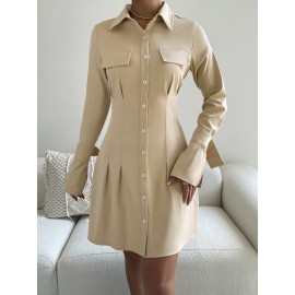 Flap Detail Fold Pleated Shirt Dress