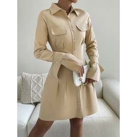 Flap Detail Fold Pleated Shirt Dress