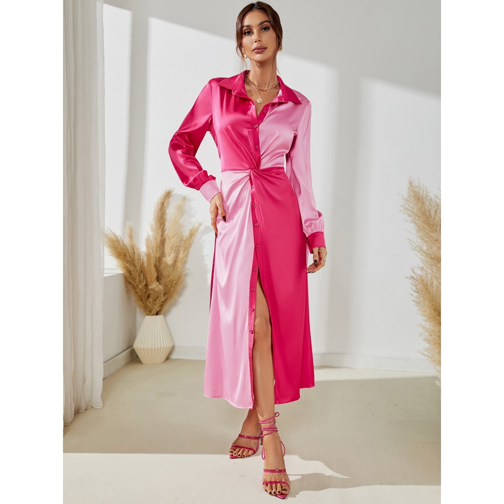 Two Tone Twist Front Satin Shirt Dress