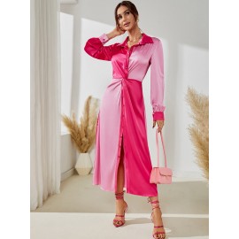 Two Tone Twist Front Satin Shirt Dress