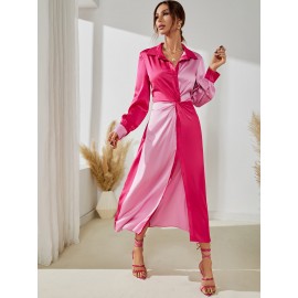 Two Tone Twist Front Satin Shirt Dress