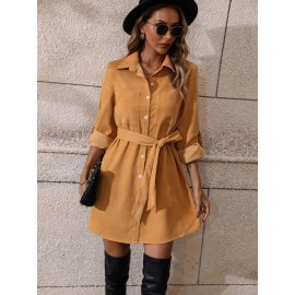 Roll Tab Sleeve Belted Corduroy Shirt Dress