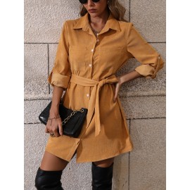 Roll Tab Sleeve Belted Corduroy Shirt Dress